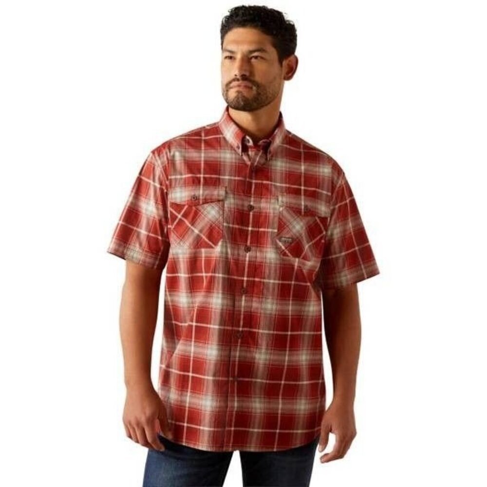 Ariat Rebar Men's Made Tough Durastretch Plaid Button Work Shirt Chili Oil 10055